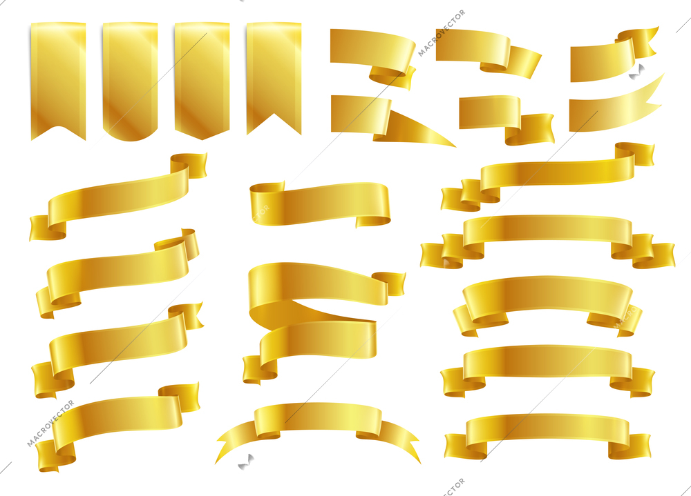 Golden ribbons realistic set with isolated images of luxury ribbons of various shape on blank background vector illustration