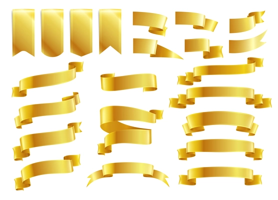 Golden ribbons realistic set with isolated images of luxury ribbons of various shape on blank background vector illustration