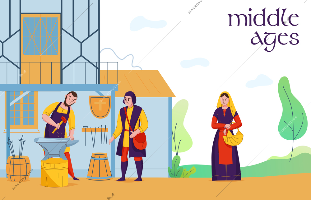 Middle age settlement commoners at work flat composition with village medieval blacksmith peasants land workers vector illustration