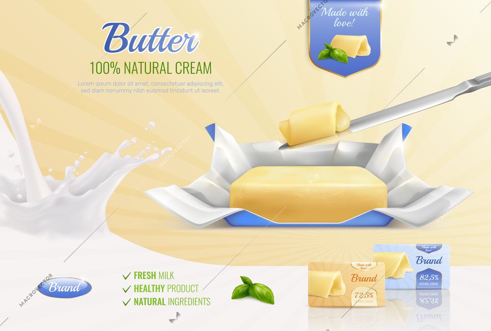 Dairy butter realistic composition as mockup for advertising brand with text fresh milk healthy product natural ingredients vector illustration