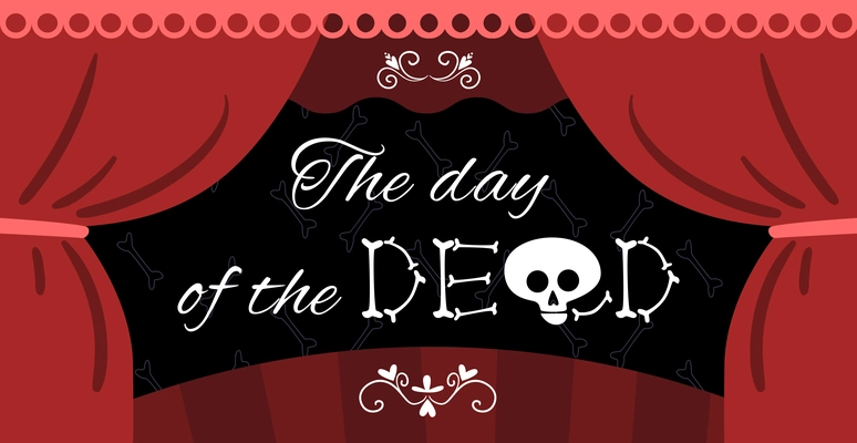 Mexican dia muertos day dead performance announcement poster with theater curtain and bones skull lettering vector illustration