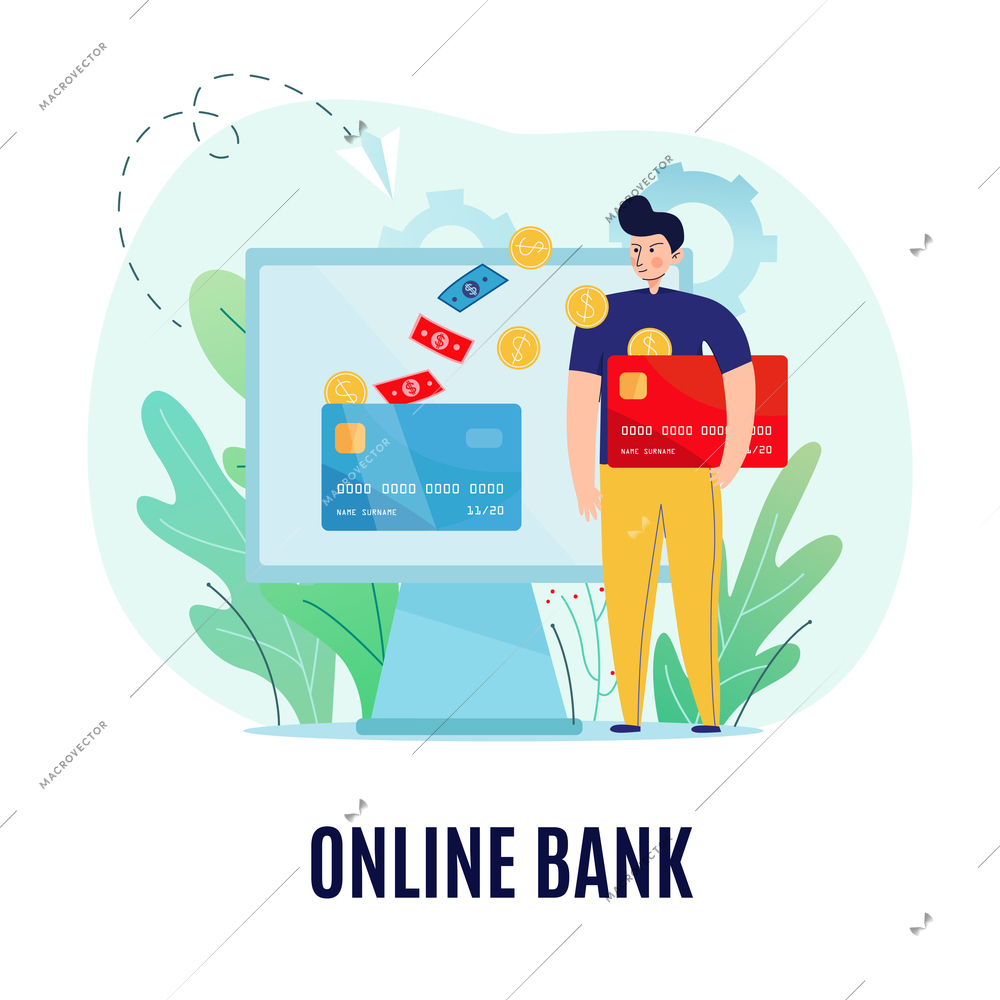 Online banking conceptual composition with text and images of man sending banknotes coins to the screen vector illustration