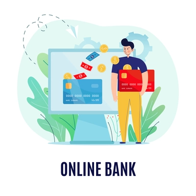 Online banking conceptual composition with text and images of man sending banknotes coins to the screen vector illustration