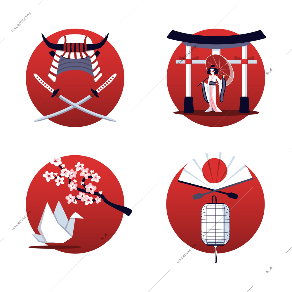 Japan 2x2 design concept set of isolated red round compositions with national symbols vector illustration