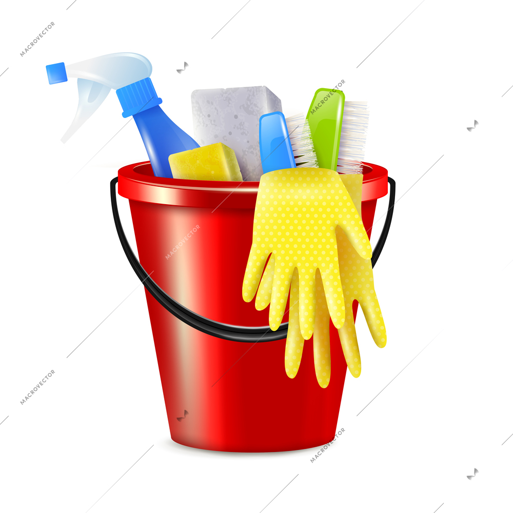 Realistic bucket cleaning composition with isolated image of plastic bucket with cleaning supplies and disinfection agents vector illustration