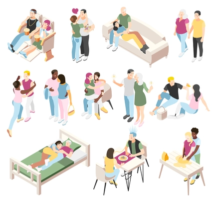 Different couples isometric icons set of human pairs spending time together at cinema restaurant picnic and home isometric vector illustration