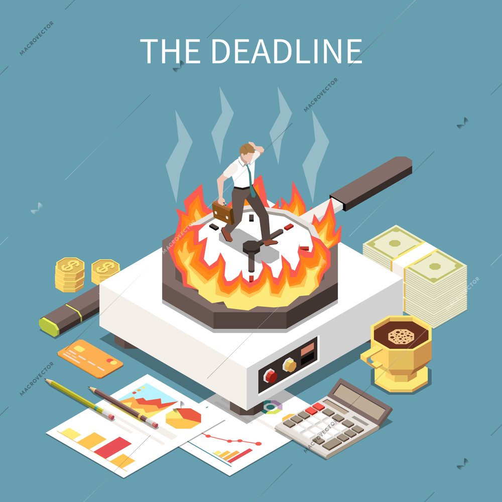 Time management concept with deadline at work symbols isometric vector illustration