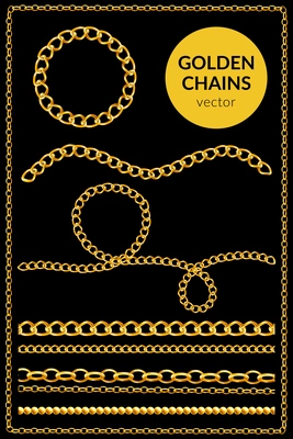 Realistic chain set with isolated images of golden jewelry text and various patterns on black background vector illustration