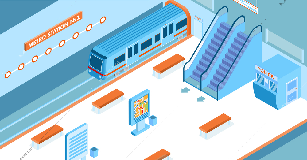 Empty metro station with arriving train escalators police booth map 3d isometric vector illustration