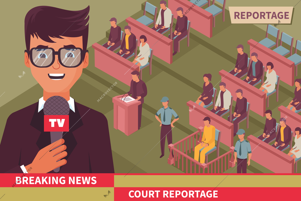 Crime breaking news isometric vector illustration with journalist tv leading reportage from court room