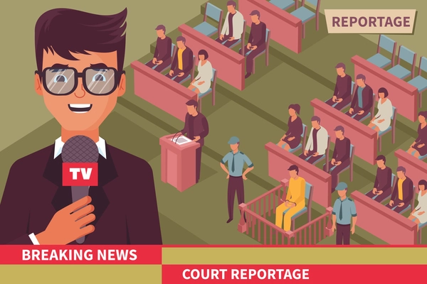 Crime breaking news isometric vector illustration with journalist tv leading reportage from court room