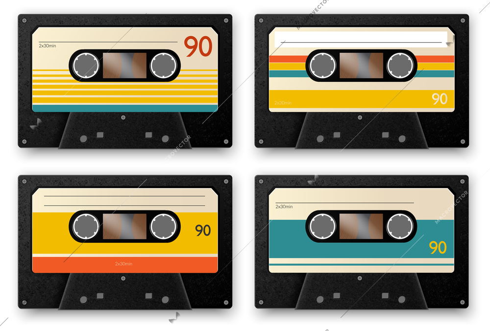 Realistic vintage music cassette set of four isolated images of audiotapes with shadows on blank background vector illustration