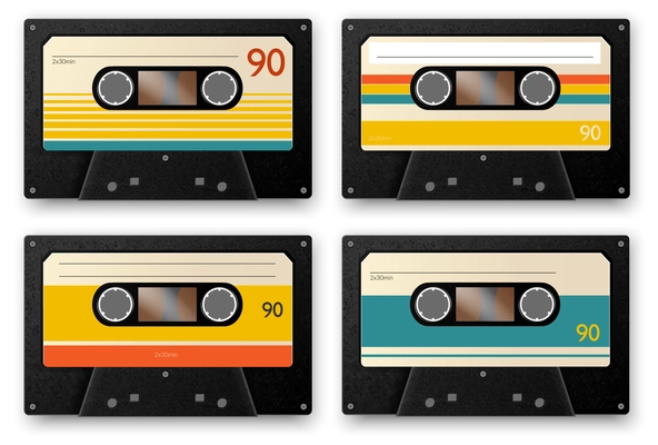 Realistic vintage music cassette set of four isolated images of audiotapes with shadows on blank background vector illustration