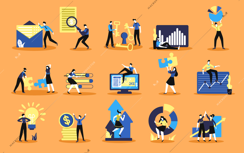 Business analytics data organization statistical analysis profitable decisions experts judgement symbols collection flat set isolated vector illustration