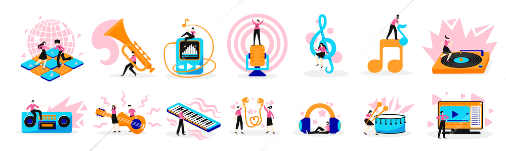 Music online symbols note instruments electronic devices flat icons set with treble clef guitar player vector illustration