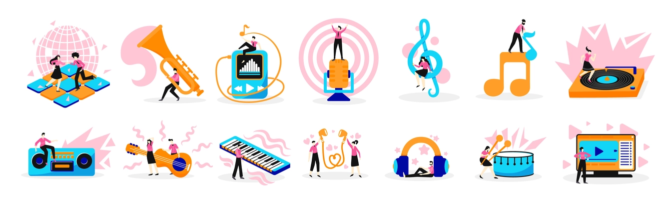 Music online symbols note instruments electronic devices flat icons set with treble clef guitar player vector illustration