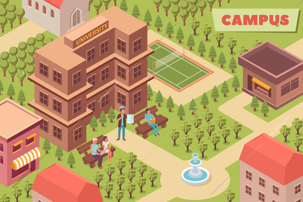 Campus isometric background with university building park area and outdoors sports ground vector illustration