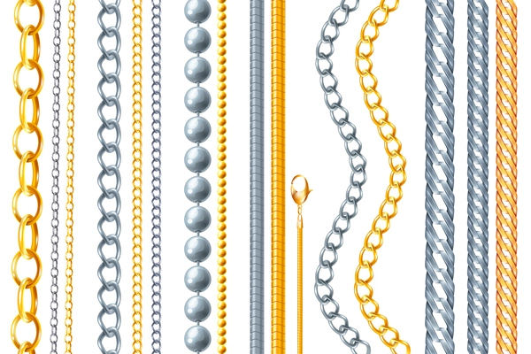 Realistic chain gold silver set with isolated images of various golden jewelry goods on blank background vector illustration