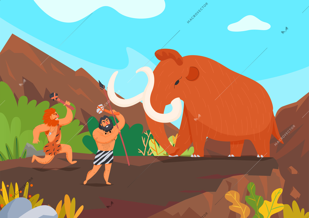 Two primitive men hunting mammoth with stone weapons cartoon vector illustration