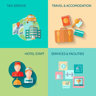 Travel tourism taxi service concept flat business icons set of hotel staff restaurant for infographics design web elements vector illustration