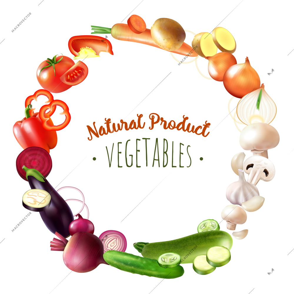 Realistic vegetables round rainbow frame composition with circle set of palette coloured fruits with editable text vector illustration