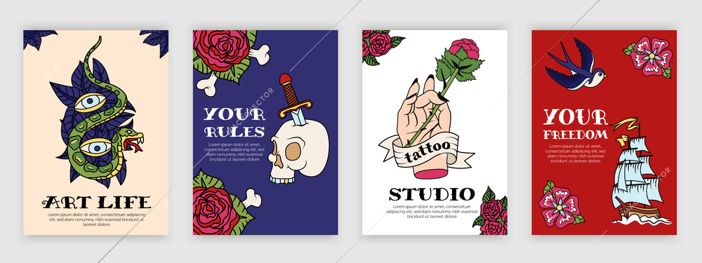 Old school tattoo studio 4 colorful posters set with love death hope art symbols isolated vector illustration