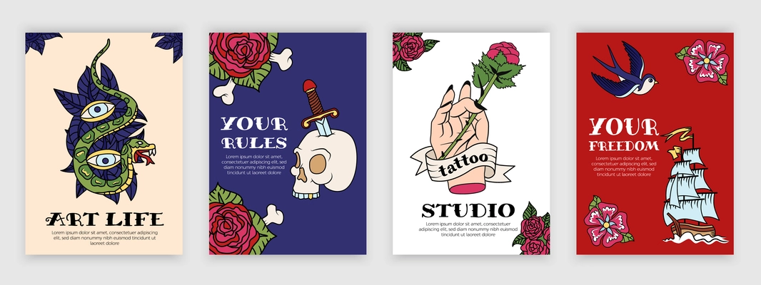 Old school tattoo studio 4 colorful posters set with love death hope art symbols isolated vector illustration