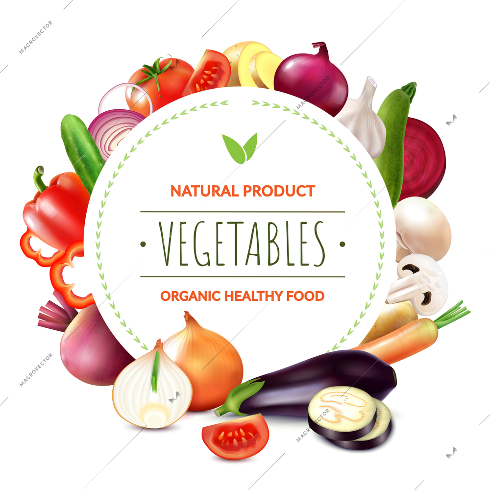 Realistic vegetables round frame composition of editable ornate text and pieces of organic fruits and slices vector illustration