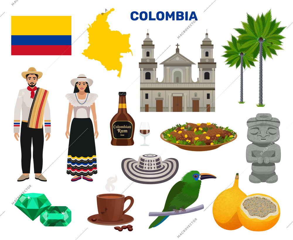 Colombia tourism icons set with tours and travel symbols flat isolated vector illustration