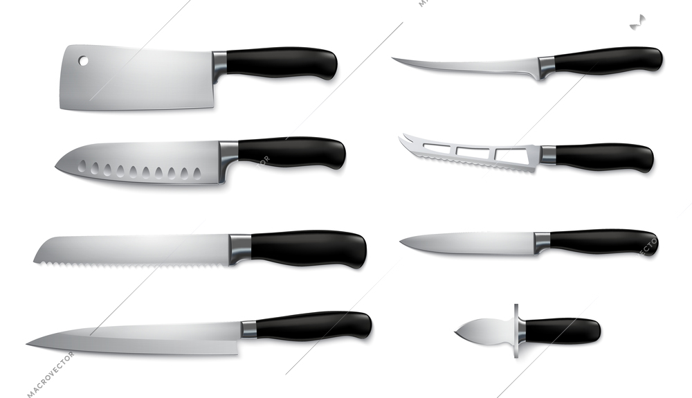 Knives realistic set with different kitchen knives isolated vector illustration