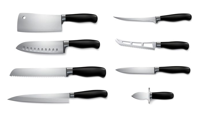 Knives realistic set with different kitchen knives isolated vector illustration