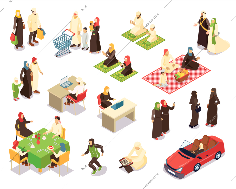 Isometric arab family set with isolated compositions of human characters and various life situations and objects vector illustration