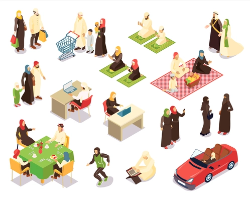 Isometric arab family set with isolated compositions of human characters and various life situations and objects vector illustration