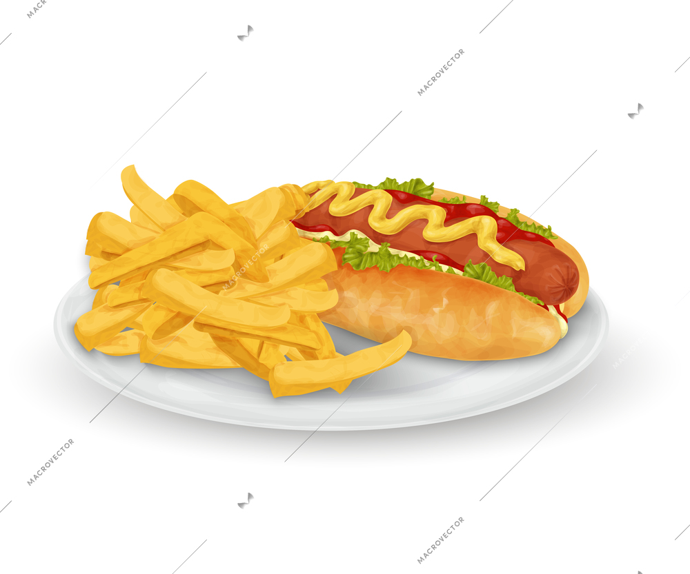 Realistic hot dog and french fries fast food on plate isolated on white background vector illustration