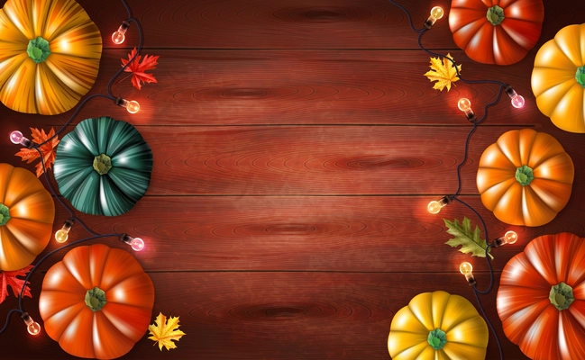 Halloween background with colorful pumpkins autumn leaves and string light on wooden surface realistic vector illustration