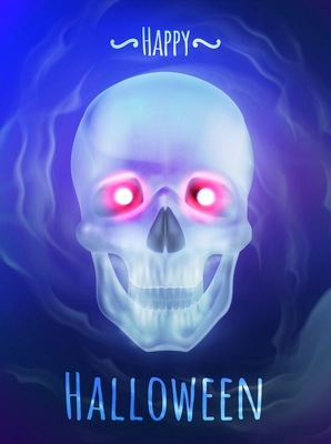 Happy halloween realistic poster with transparent grinning human skull on blue background vector illustration
