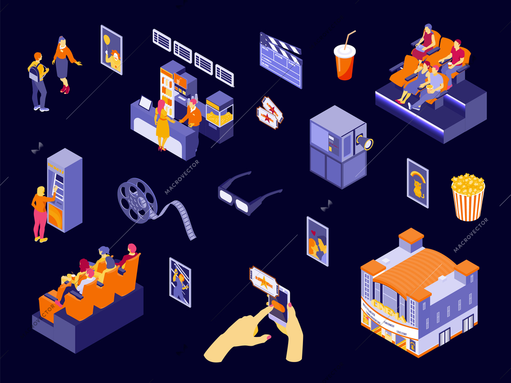 Colorful cinema elements and people in movie hall isometric icons set isolated on dark background 3d vector illustration