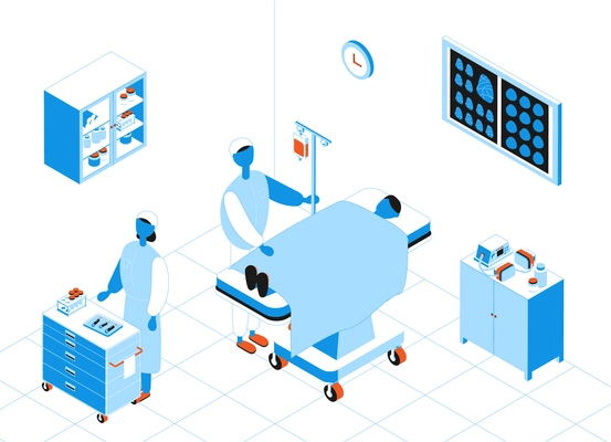 Isometric composition with doctors and patient after operation 3d vector illustration