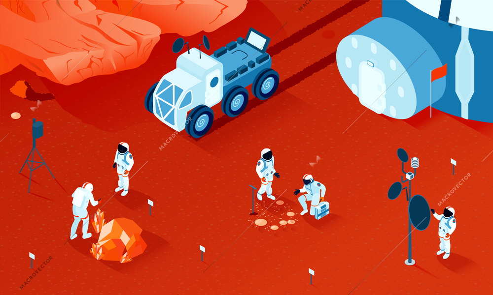 Group of spacemen exploring stones and ground on red planet 3d horizontal isometric vector illustration