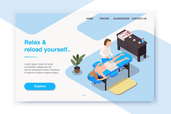 Massage therapy isometric landing page web site design with clickable button links images and text description vector illustration