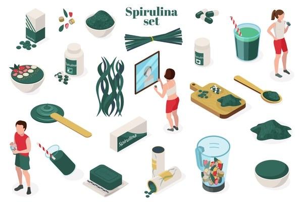 Spirulina isometric set with isolated human characters and images of nutritional supplements and bacterium containing goods vector illustration