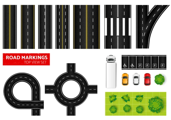 Road cars trees top view set with isolated images of junction sections overpass cars and trees vector illustration