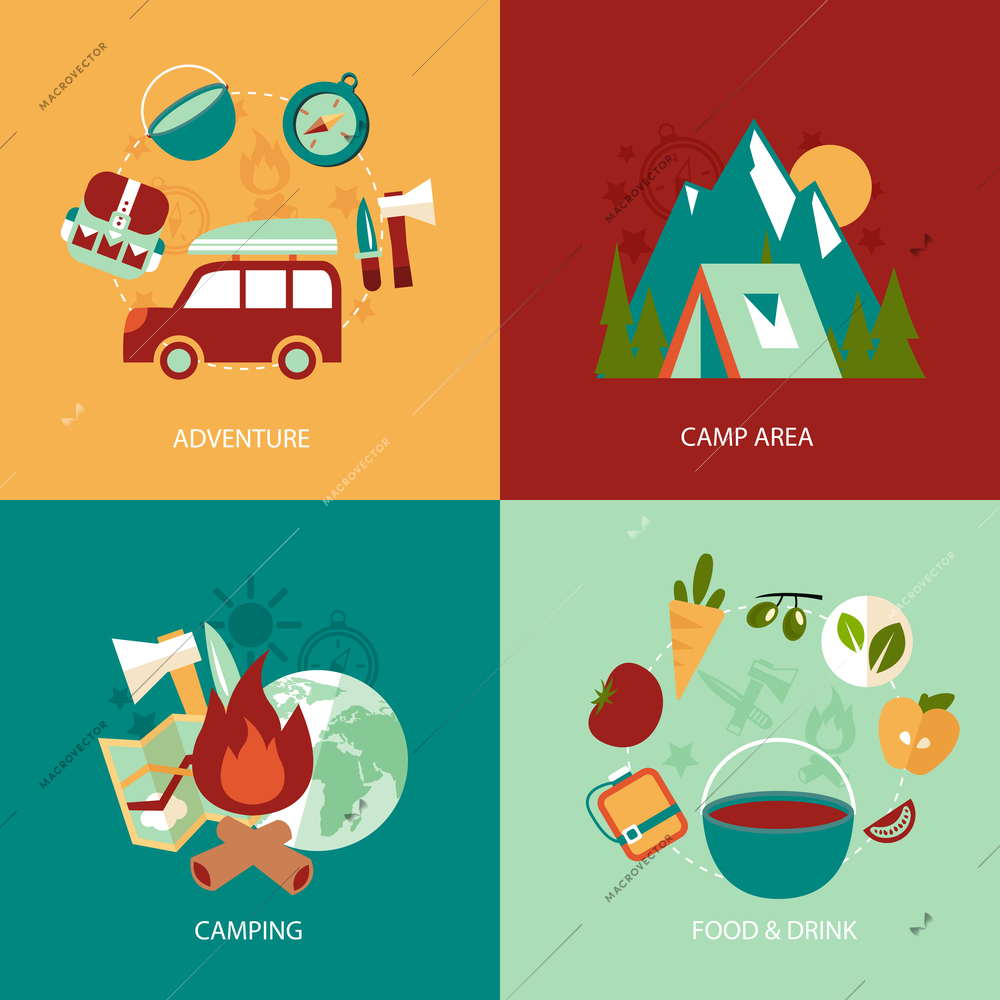 Business concept flat icons set of camping area adventure food and drink infographic design elements vector illustration