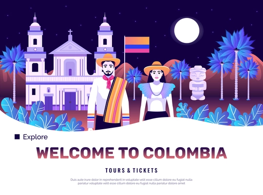 Colombia tourism poster with tours and tickets symbols flat vector illustration