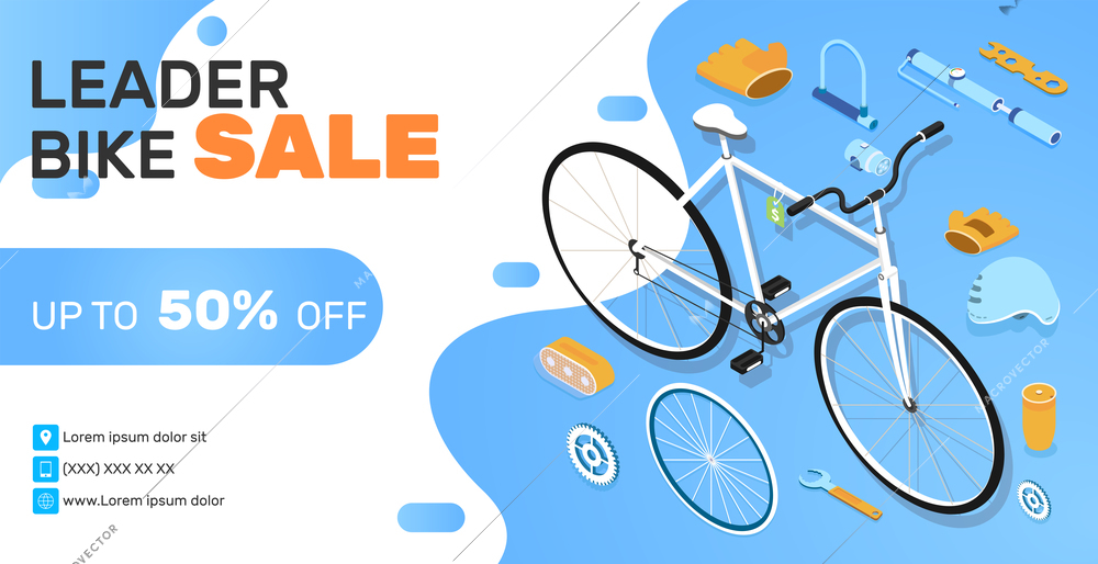 Bike shop sale isometric banner with colorful bicycle and accessories icons 3d vector illustration