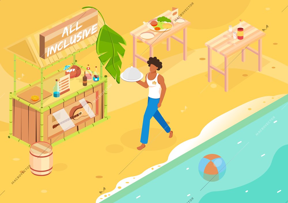 Tropical rest isometric composition with all inclusive rest symbols vector illustration