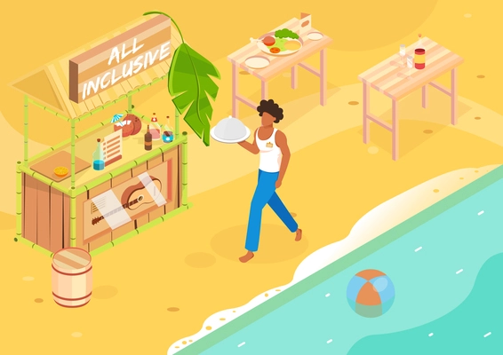 Tropical rest isometric composition with all inclusive rest symbols vector illustration