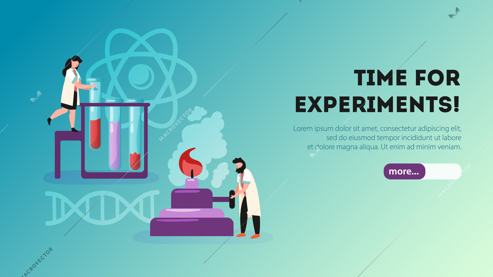 Science flat horizontal web banner with lab assistant heating test tubes over burner atom dna symbols vector illustration