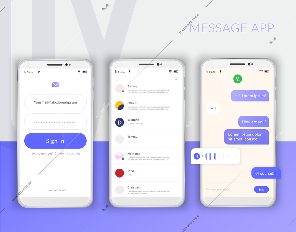 Realistic mobile phone user interface messenger chat app template composition with mockup images of three screens vector illustration