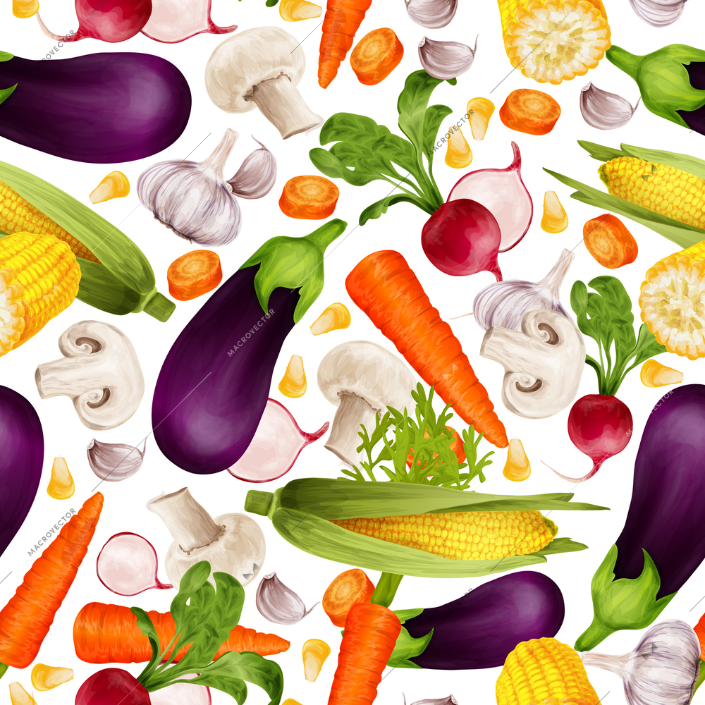 Vegetable organic food realistic seamless pattern with cut carrot maize stalk aubergine vector illustration